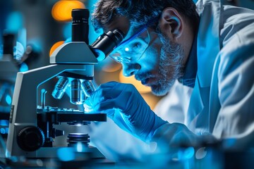 Poster - A serious scientist is meticulously studying samples under a microscope in a high-tech laboratory, showcasing innovation and research