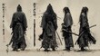 Three mysterious samurai warriors in traditional black outfits, poised with swords against an aged backdrop with Japanese characters