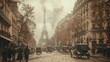 Sepia-toned view of a bustling 1920s Paris street with Eiffel Tower in the backdrop