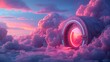 Surreal vault door in dreamy cloudscape, glowing safe portal amidst pink and blue clouds