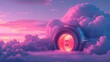 Surreal vault door in dreamy cloudscape, glowing safe portal amidst pink and blue clouds