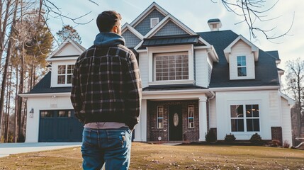 Poster - a man standing in front of a house