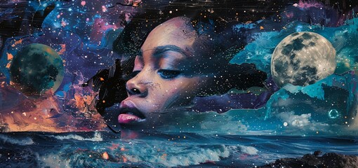 Wall Mural - a painting of a woman with her eyes closed and a full moon in the background