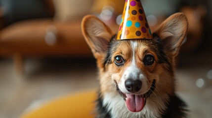 Wall Mural - corgi dog with party hat