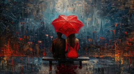 two lovers under red umbrella in paris