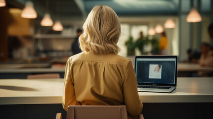 Back view of blond woman working on a laptop at a table. Modern photography of an office workplace