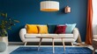 Retro lampshade above a simple, wooden coffee table on a navy blue rug in a colorful living room interior
