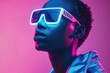 Futuristic Sunglasses on Stylish African American Man Posing in Blue Light on Pink Background