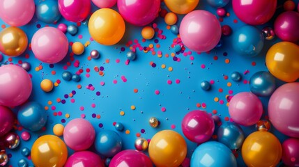 Canvas Print - Colorful Balloons and Confetti on a Blue Background