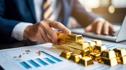 Sticker - Businessman with gold bars and financial analysis. Perfect for banking, investment, and wealth management themes.