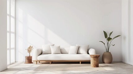 Wall Mural - Simple living room interior with copy space on white wall. 