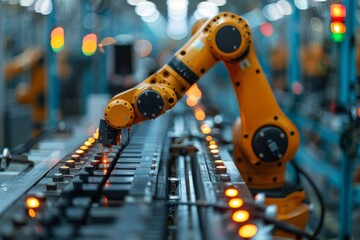 Poster - A high-tech robotic arm engaged in production on a factory assembly line, symbolizing automation in manufacturing
