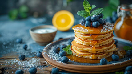 Canvas Print - Breakfast with crispy pancakes, maple syrup and juicy berries, appetizingly arranged on a wooden table.