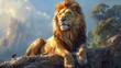 A majestic lion with intense eyes sits atop a rock in this powerful fantasy art, soft tones, fine details, high resolution, high detail, 32K Ultra HD, copyspace