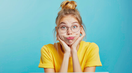 Wall Mural - The girl is sitting at the laptop and thinking about something isolated on blue background