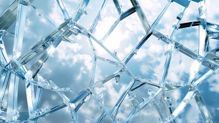 Abstract broken glass with reflection in the sky and clouds