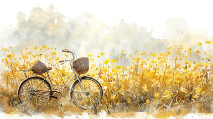 Wall Mural - World bicycle day concept International holiday june 3, bicycle with basket in yellow mustard flowers Environment preserve. blur nature background, banner, card, poster with text space