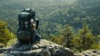 Close-up of a hiking backpack and gear equipment arranged on a rocky outcrop overlooking the forest below