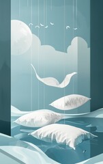 Wall Mural - An artistic digital illustration featuring floating pillows and flying seagulls against a stylized sea background..
