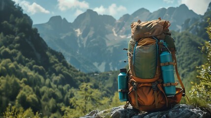 Wall Mural - Close-up of a hiking backpack and gear equipment arranged on a rocky outcrop overlooking the forest below