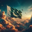Pakistan national flag waving in beautiful clouds and sky, moon stars green Pakistan flag, Pakistan Zindabad
