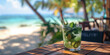 A mojito cocktail in a glass sits on a wooden beach table with a drinking straw. Generative AI
