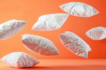 Wall Mural - Multiple white pillows seemingly floating mid-air against a vivid orange background