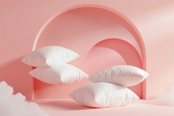 Wall Mural - Soft white pillows staged within a pink architectural archway, creating a dreamy and modern aesthetic..
