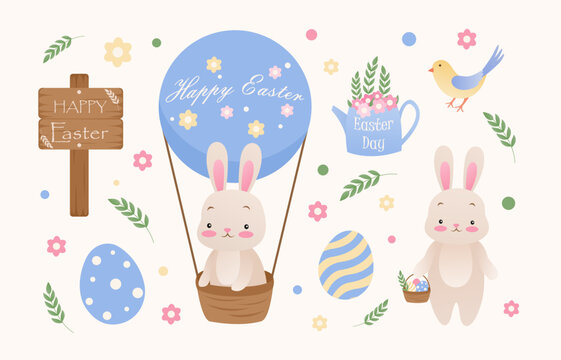 Set of cute Easter stickers on a white background. Illustrations Easter bunny in a balloon, bunny with a basket of Easter eggs in cartoon style.