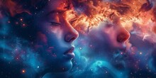 Double Exposure Portrait Of Woman And Man Combined With Nebula And Stars
