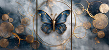 Panel Wall Art, Marble Background With Feather And Butterfly Silhouette , Wall Decoration	