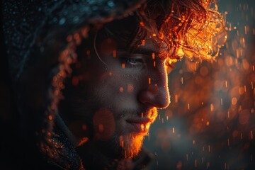 Poster - An abstract image showcasing dynamic sparks in a dark environment with a central brown blurred square