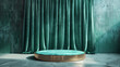 Sophisticated Jade Green Velvet Drapery with Modern Round Wooden Stage for Elegant Displays and Chic Interior Themes