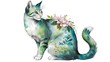 A captivating watercolor illustration of a graceful cat in a side profile with floral adornment.
