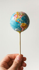 Wall Mural - Creative vertical collage hand hold world planet sphere geography map lollipop sweet sugary food earth day isolated on white background, world earth day