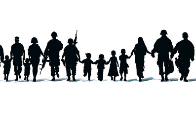 Group of silhouettes of people holding hands and walking in the snow.