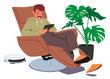 Man Comfortably Seated In An Armchair, Engrossed In His Tablet. Relaxed Male Character Browses And Shops Online
