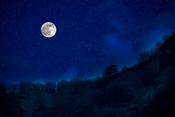 Wall Mural - mountain road through the forest on a full moon night. scenic night landscape of country road at nig