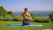 Serene outdoor yoga meditation in a beautiful garden among fragrant lavenders