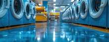 Selective Focus On The Second Cover Of Washing Machine With Blurred Row Of Vending Washing Machine Background In The Laundry Shop. Self Service Concept. AI Generated Illustration