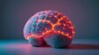 Glowing knitted plush toy in the shape of a human brain of soft shade of pink including the cerebral cortex with undulating gyri and sulci