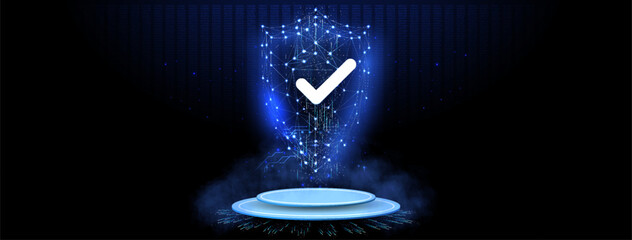 Poster - Robust Cybersecurity Symbolized by a Glowing Polygonal Shield with a Check Mark, Illuminating the Dark Cyber Landscape