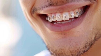 Wall Mural - A man with braces is smiling and showing his teeth. The braces are silver and have a white tip. The man's smile is bright and happy, and the braces give him a confident look