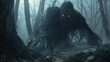 A mysterious creature with glowing red eyes lurking in the dark woods, emitting a sense of danger and fear