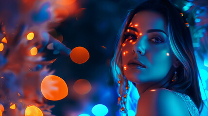 Wall Mural - portrait of a beautiful girl in blue neon light and bokeh