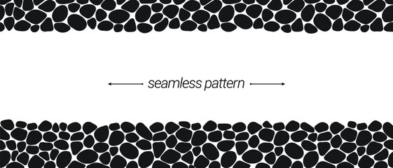 Black stone seamless pattern vector. Black and white cobblestone, pebble border frame. Irregular shapes repeated backdrop for web tiles and interior designs. line polygonal cells template background