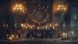 A room illuminated by numerous candles with a prominent clock in the center, creating a warm and cozy ambiance