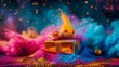 Colorful holi festival gift box in the midst of a festive explosion