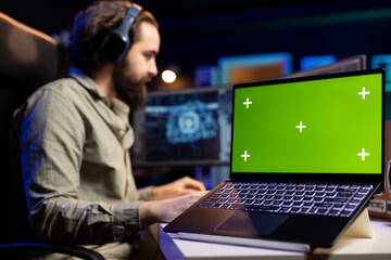 Poster - focus on isolated screen laptop used by engineer updating artificial intelligence machine learning a