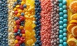 Abstract composition of various sports nutrition snacks and bars laid out in a visually pleasing pattern, bright colors